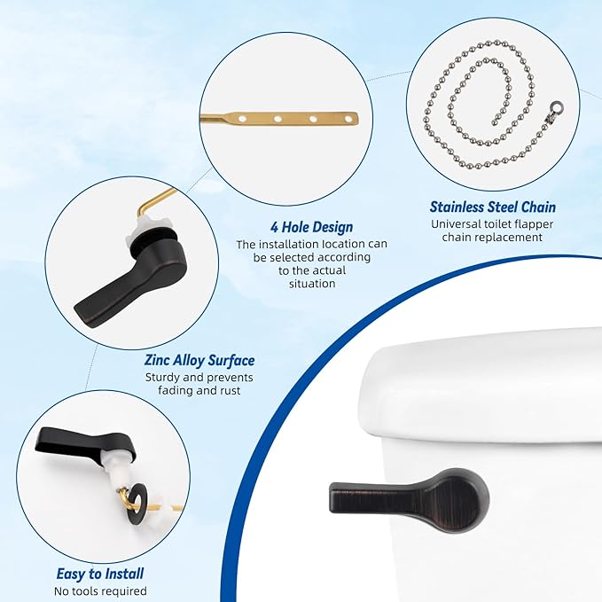 Hibbent Universal Front Mount Metal Toilet Handle Replacement Kit, Brass Toilet Tank Flush Lever with Stainless Steel Adjustable Flapper Chains for Most Toilets, Oil-Rubbed Bronze