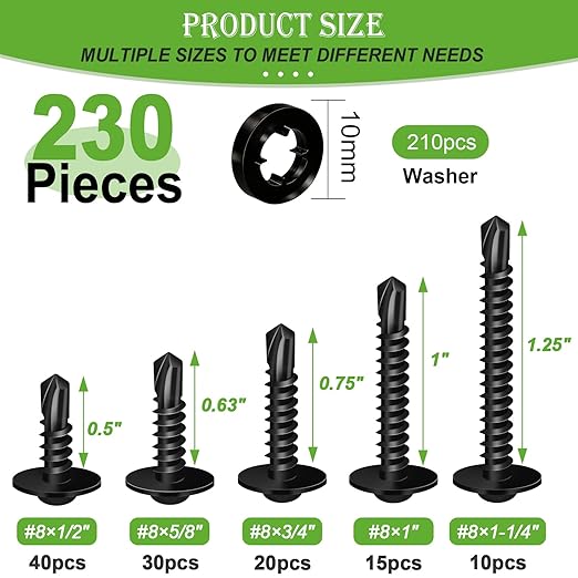 mxuteuk 230PCS #8 Self Tapping Screws,410 Stainless Steel Self Tapping Screws for Metal,1/2",5/8",3/4",1",1-1/4" Modified Truss Head Self Drilling Screw for Metal (115PCS Screw+115PCS Washers)