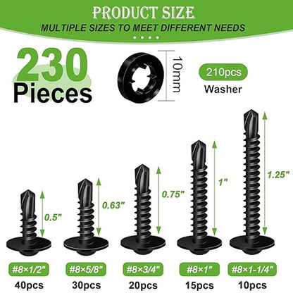 mxuteuk 230PCS #8 Self Tapping Screws,410 Stainless Steel Self Tapping Screws for Metal,1/2",5/8",3/4",1",1-1/4" Modified Truss Head Self Drilling Screw for Metal (115PCS Screw+115PCS Washers)