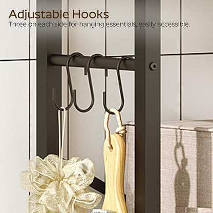 2-Tier Over The Toilet Storage, Multifunctional Vertical Over Toilet Bathroom Organizer, Freestanding Bathroom Storage Shelves with Hooks, Bathroom Organizer, Rustic Brown and Black TR01BB