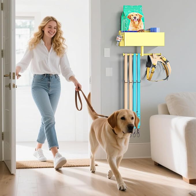 Dog Leash Holder for Wall, Dog Leash Hooks, Pet Stuff Organizer with Shelf Storage, Metal Key Holder, Leash Hangers Organizer Rack for Pet Collar, Toys, Treats, Poop Bag (Gold)