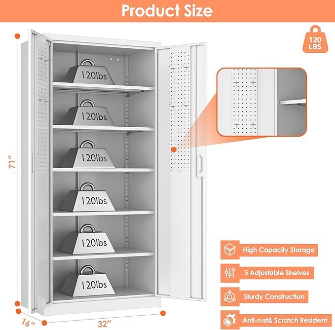 Metal Storage Cabinet with 5 Adjustable Shelves and Pegboard, 71" H White Garage Storage Cabinet with Doors, Metal File Cabinet for Garage,Home, Office, White, Assembly Required