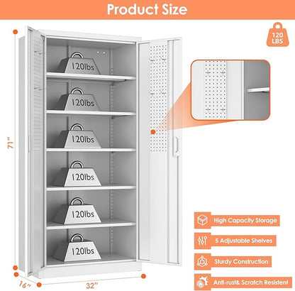 Metal Storage Cabinet with 5 Adjustable Shelves and Pegboard, 71" H White Garage Storage Cabinet with Doors, Metal File Cabinet for Garage,Home, Office, White, Assembly Required