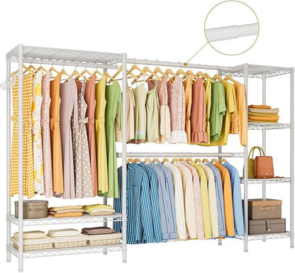 Heavy Duty Garment Rack Clothes Rack,Large Metal Closet Organizer System Storage Wardrobe,Freestanding Clothing Rack with 9 Adjustable Wire Shelves&3 Hang Rods,MaxLoad 1500lbs White