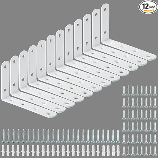 Alise 12 Pack Floating Shelf Brackets,White Heavy Duty L Bracket Corner Brace,Stainless Steel Corner Brackets,Joint Angle Brackets for Hanging Support,Shelves Support DIY (5 x 3 Inch)
