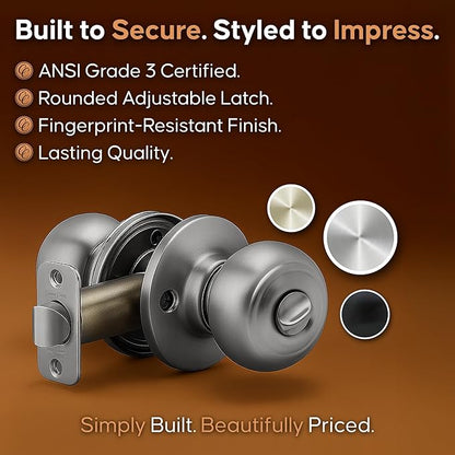 Copper Creek Colonial Privacy Interior Door Knob – ANSI Grade-3 Certified, Modern Heavy Duty Handle, Easy Install and Reversible for Bedroom, Bathroom and Closets – Satin Stainless (1 Pack)
