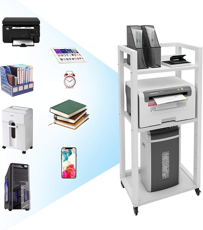 Natwind 3-Tier Movable Printer Stand Floor-Standing Desk Side Shredder Stand Computer Host Holder Adjustable Storage Shelf Rack on Wheels for Fax Scanner File Book (White)