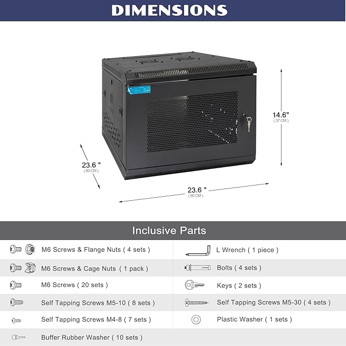 6U Wall Mount Server Cabinet with A Lockable Front Vented Door, Cooling Fans, Removable Side Panels - 60cm Depth, 19" Network Rack Including Full-Size Rack Shelf for IT Equipment