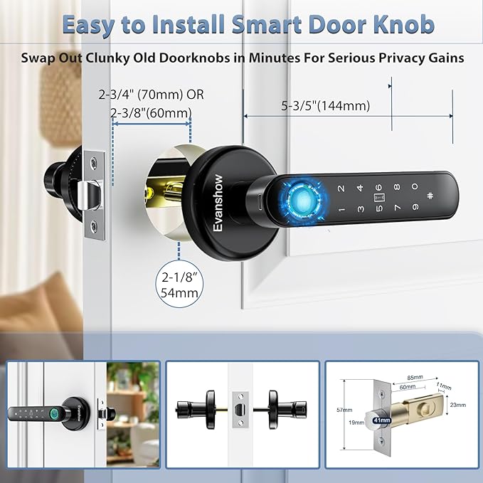 Fingerprint Door Lock Biometric Door Knob with Keypad Keyless Entry, 5-in-1 Door Locks for Bedrooms(Fingerprint/App/Code/Key/IC Card), Home Hotel Office Apartment
