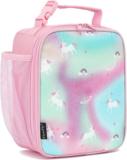FlowFly Kids Lunch box Insulated Soft Bag Mini Cooler Back to School Thermal Meal Tote Kit for Girls, Boys, Glitter-Unicorn