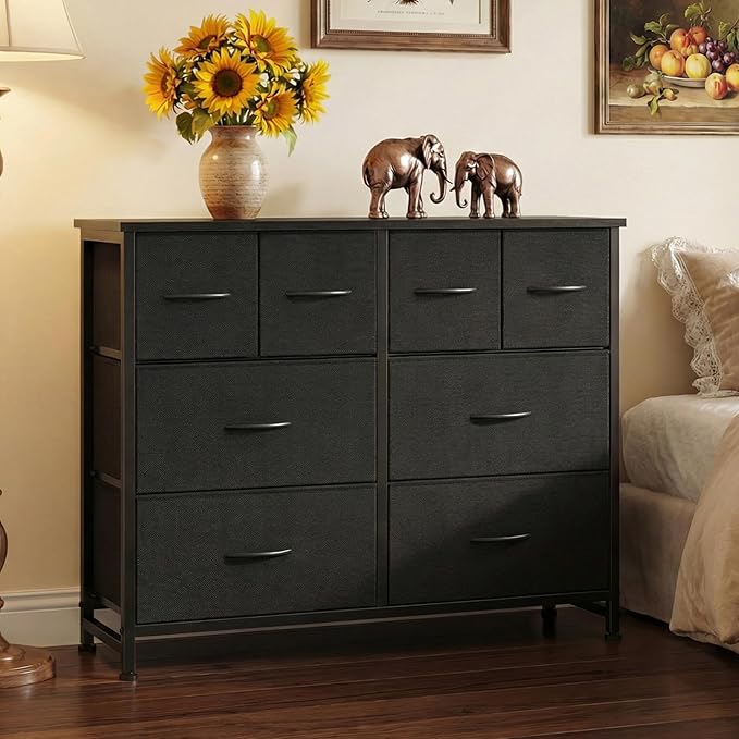 DUMOS TV Stand, Dresser with 8 Fabric Drawers, Spacious Storage Tower for Closet, TV Stand with Wood Top and Mental Frame, Storage Unit for Living Rooms, Bedroom and Entryway, Black