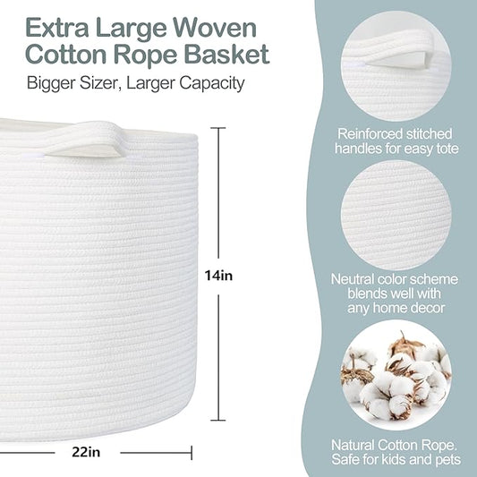 White Cotton Rope Storage Basket, 22" X 22" X 14" Extra Large Blanket Storage Living Room, XL Soft Toy Bin for Organizing, Woven Baby Laundry Basket with Handle, White Wicker Hamper Nursery