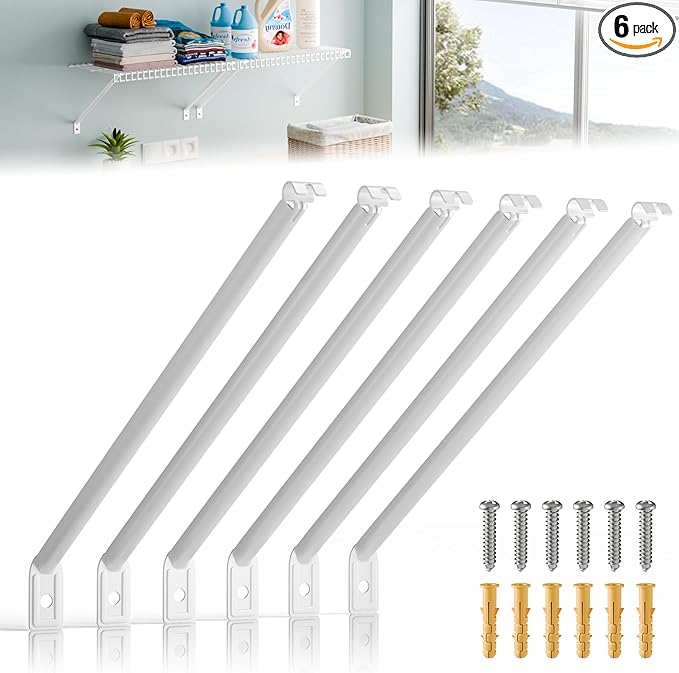 6 Pcs Wire Shelving Support Brackets 12in Wire Shelf Support Bracket,Reinforced Anti-Sag Design with Anchors & Pins – Strong Closet Shelf Brackets for Closet, Pantry & Storage (White)