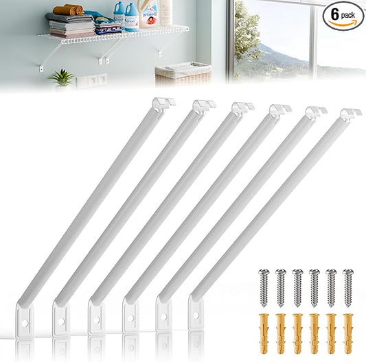 6 Pcs Wire Shelving Support Brackets 12in Wire Shelf Support Bracket,Reinforced Anti-Sag Design with Anchors & Pins – Strong Closet Shelf Brackets for Closet, Pantry & Storage (White)