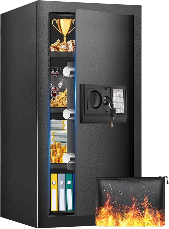 27.56 Inches Tall Safe Box, Home Safe with Fireproof Waterproof Bag, Anti-Theft Digital Security Lock Box with Smart Alert System, Removable Shelf, Mute Function, Document Safes for Jewelry
