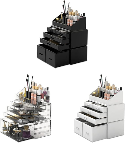 READAEER Makeup Organizer 3 Pieces Cosmetic Storage Case with 6 Drawers (Black)