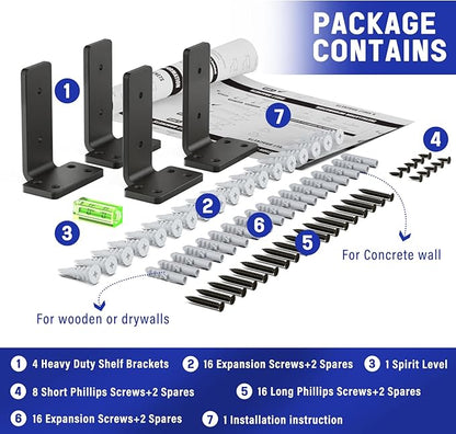 Goovilla Shelf Bracket, Heavy Duty Floating Shelf Brackets 4 inch Long, 4 Pack Brackets for Shelves, Black Coated Metal Wall Shelf Support Brackets with 1/5 Inch Thick and 160 lb. Load Capacity