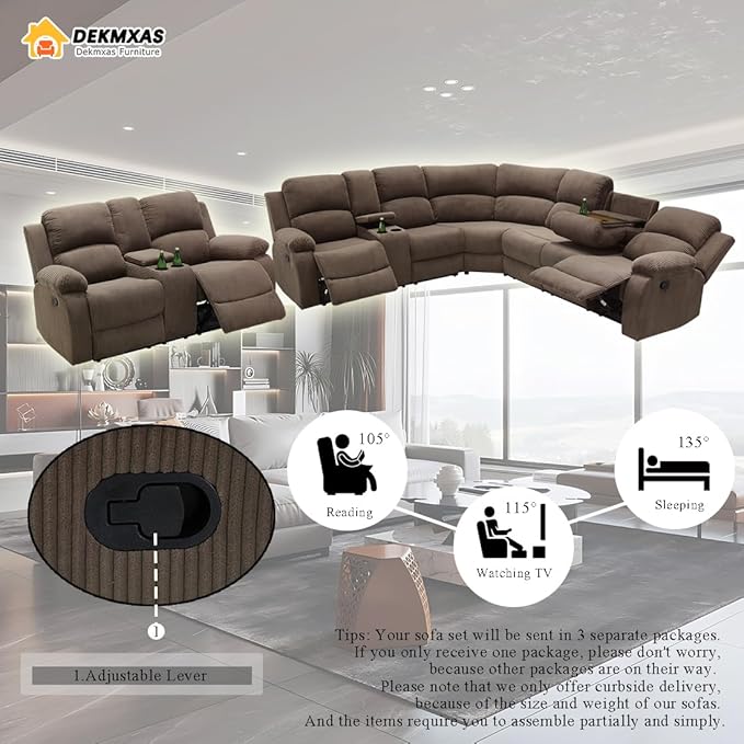 Reclining Sectional Sofa Set, Corduroy Recliner Sectional Loveseat with Drop-down Table, Brown Reclining Sectional Sofa Set and Loveseat with Cup Holder,Storage Console for Living Room, Office