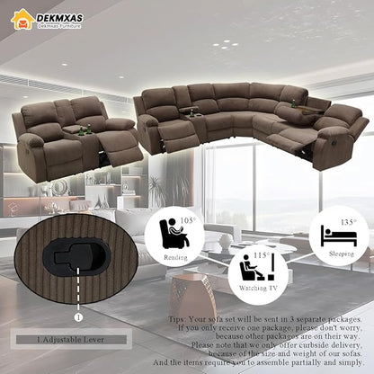 Reclining Sectional Sofa Set, Corduroy Recliner Sectional Loveseat with Drop-down Table, Brown Reclining Sectional Sofa Set and Loveseat with Cup Holder,Storage Console for Living Room, Office