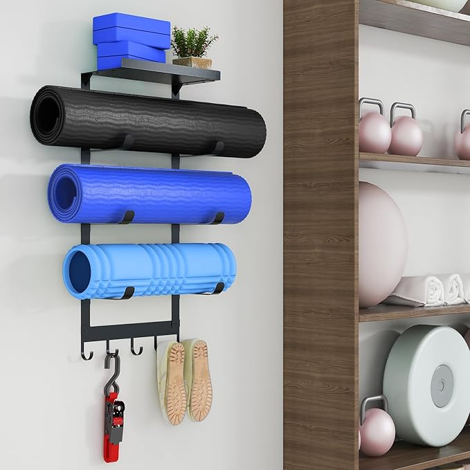 LSK Yoga Mat Holder Wall Mount, Black Yoga Mats Storage Rack, Home Gym Storage with Metal Floating Shelf for Storing Fitness, Yoga Mat Rack with 5 Hooks for Hanging Foam Rollers and Resistance Bands