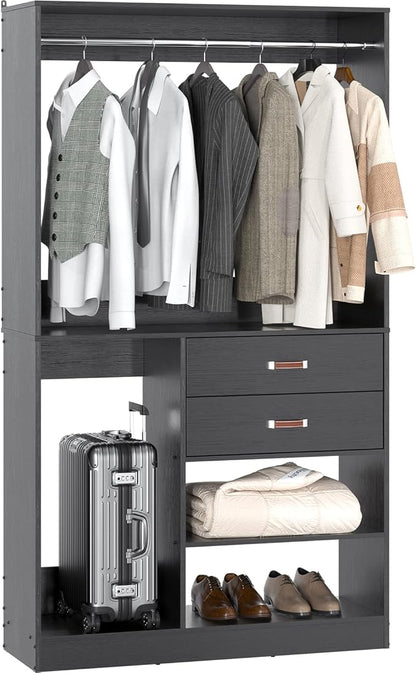 Armocity Freestanding Closet System with Suitcase Storage, 40 Inches Stand-alone Wardrobe with 2 Wood Drawers, 80'' Height Adjustable Cloth Garment Rack, Walk-in Closet with Hanging Rod, Black