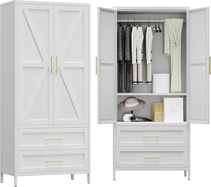 Aobabo Metal Wardrobe Cabinet with 2 Drawer, 71" H Metal Armoire Wardrobe Closet with Adjustable Shelf and Hanging Rod for Home, Laundry Room, Office, Installation Required, White