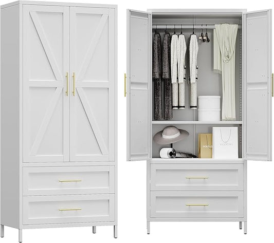Aobabo Metal Wardrobe Cabinet with 2 Drawer, 71" H Metal Armoire Wardrobe Closet with Adjustable Shelf and Hanging Rod for Home, Laundry Room, Office, Installation Required, White