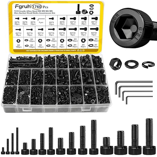 1760PCS Metric Screw Assortment Kit,M2 M3 M4 M5 Screws Set, Hex Socket Head Cap Bolts Nuts and Washers Kit for 3D Printing DIY, Grade 12.9 Alloy Steel, Black Zinc Plated
