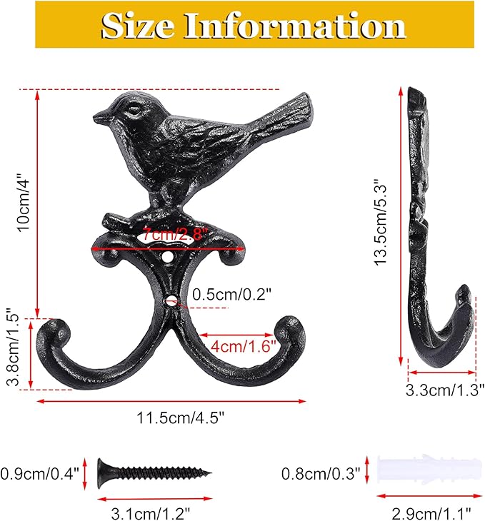 OwnMy Cast Iron Bird Coat Hooks Decorative Wall Hook, Vintage Dog Leash Holder Farmhouse Key Holder for Wall, Heavy Duty Indoor Outdoor Double Wall Hooks for Hanging Towels, Hats, Potted Plants, Tools