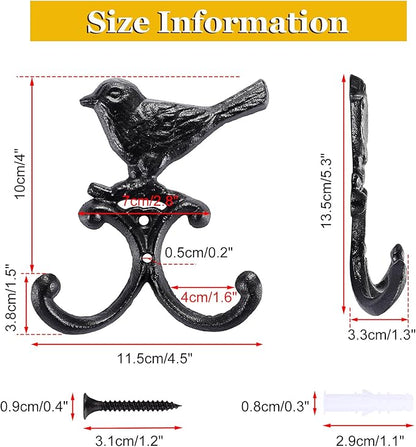 OwnMy Cast Iron Bird Coat Hooks Decorative Wall Hook, Vintage Dog Leash Holder Farmhouse Key Holder for Wall, Heavy Duty Indoor Outdoor Double Wall Hooks for Hanging Towels, Hats, Potted Plants, Tools
