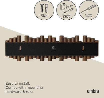 Umbra Picket Coat Rack with 8 Hooks – Walnut Wall-Mounted Coat Rack with Flip-Down Wooden Hooks, Real Pine Wood Decorative Wall Storage for Jackets, Hats, Scarves, Bags, Entryway, Bedroom Living Room