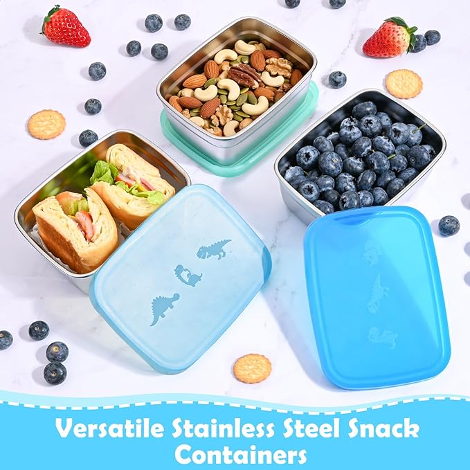 3-Pack Stainless Steel Snack Containers for Kids & Toddlers - 550ml (18oz) Leakproof Colorful Lids with Cute Dinosaurs | LFGB Certified, Stackable Metal Lunch Box for Daycare, School, Travel