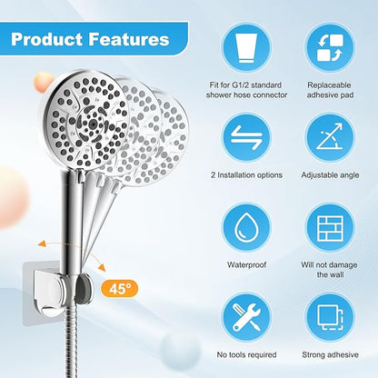 Hibbent 2 Pack Shower Head Holder - Strong Adhesive, Waterproof, Height Adjustable, Wall Mount, No Drilling, Chrome Finish