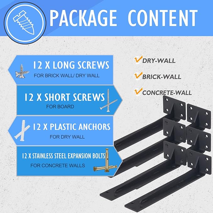 CLT Shelf Bracket( Black) , 6” Quarter Inch (1/5") Thick- Max Load: 220 lb Rustic Industrial Modern Farmhouse Heavy Duty Corner Brace Joint Right Angle Bracket for DIY Table Bench, Pack of 6