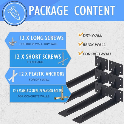 CLT Shelf Bracket( Black) , 8” Quarter Inch (1/5") Thick- Max Load: 220 lb Rustic Industrial Modern Farmhouse Heavy Duty Corner Brace Joint Right Angle Bracket for DIY Table Bench, Pack of 6