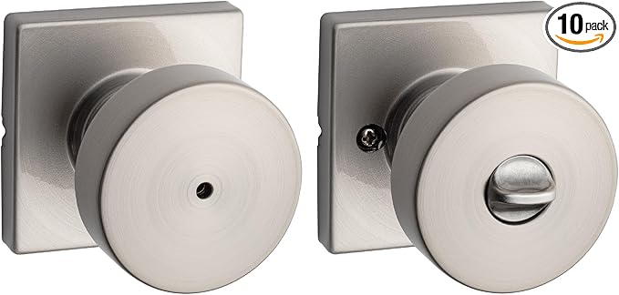 Kwikset Pismo Interior Privacy Door Knob with Lock,Door Handle for Bathroom and Bedroom,Satin Nickel Keyless Turn Lock Doorknob,with Microban Protection,(Pack of 10)
