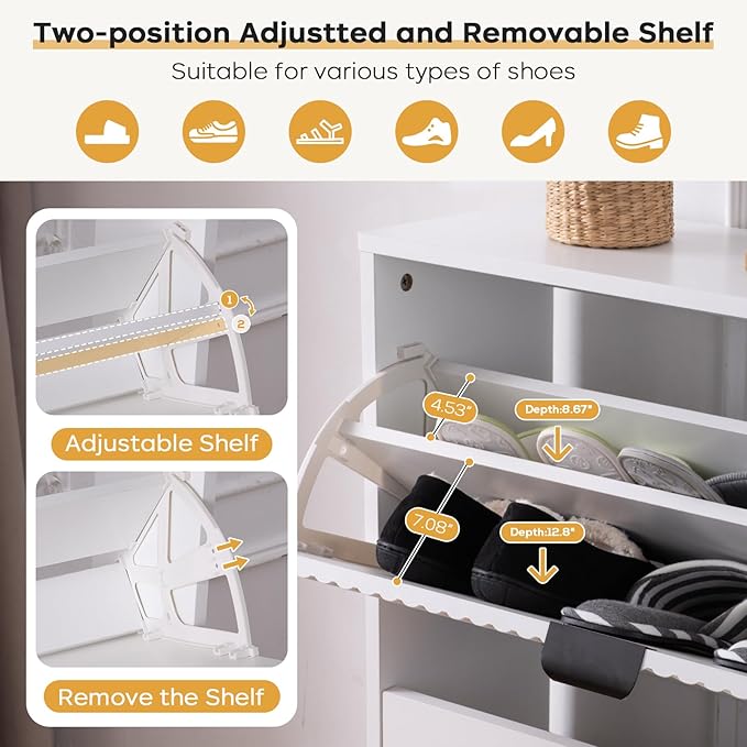 Shoe Cabinet Storage, Farmhouse Freestanding Organizer with 2 Flip Drawers and 4 Wooden feet, Narrow Shoe Rack Cabinet for Entryway, Foyer, Hallway, White