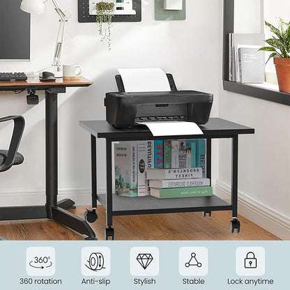 Printer Stand with Storage Under Desk Shelf, Desktop Printer Stand Organizer, Rolling Printer Cart Storage Paper Files Holder for Desk, Office, Home, (Black)