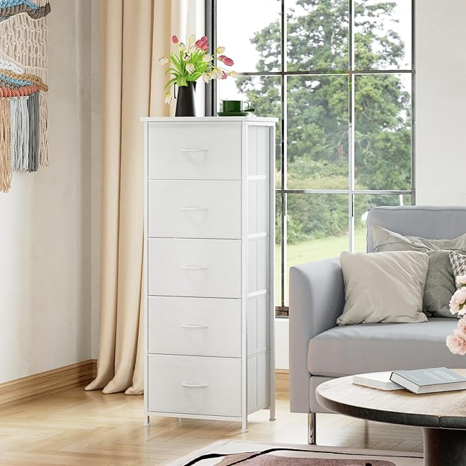Somdot Tall Dresser for Bedroom, Chest of Drawers Storage Organizer,Steel, Non-Woven Fabric Drawers, Closet Bedside Living Room Entryway Hallway, 11.8"D x 16.5"W x 45.1"H (5 Drawers) White Leather, 1