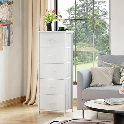 Somdot Tall Dresser for Bedroom, Chest of Drawers Storage Organizer,Steel, Non-Woven Fabric Drawers, Closet Bedside Living Room Entryway Hallway, 11.8"D x 16.5"W x 45.1"H (5 Drawers) White Leather, 1
