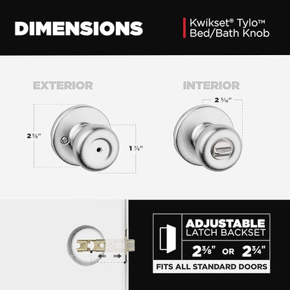 Kwikset Tylo Interior Privacy Door Knob, Satin Chrome Keyless Locking Door Handle for Bedroom and Bathroom, Classic Round Security Doorknob with Push Button Lock