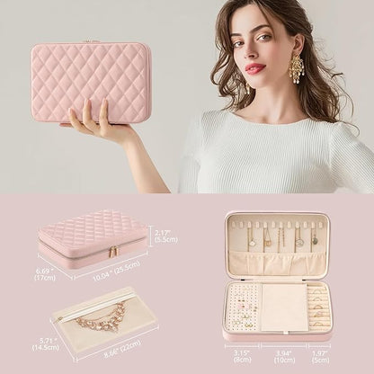 Lolalet Travel Jewelry Case for Women Girls, Travel Jewelry Organizer Box with Mirror & Clear Storage Bag, Small Portable Earring Necklace Bracelet Ring Case, Birthday Valentine Gifts -Large, Pink
