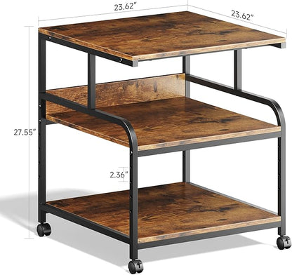 Warmiehomy 23.6x23.6 inches Printer Stand with Adjustable Storage Shelf - Large Printer Table with Wheels - 3 Tier Rolling Cart - Use for 3D Laser Printer Mini Fridge Home Office (Brown)