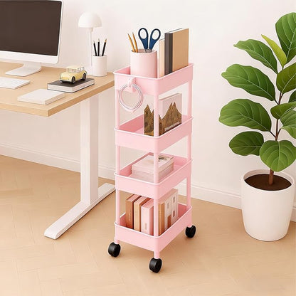 ShellKingdom 4 Tier Bathroom Storage Organizer, Slim Rolling Storage Cart for Narrow Space, Mobile Shelving Unit with Lockable Wheels and Hooks for Bathroom, Kitchen, Laundry Movable Shelf (Pink)