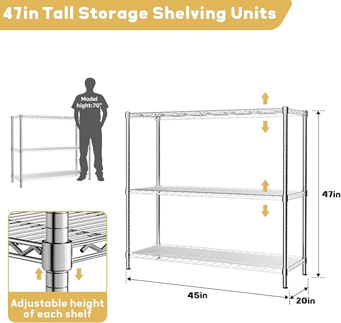Storage Shelves Heavy Duty, 45" W x 20" D x 47" H Garage Wire Shelving Unit Loads 1200LBS, 3-Tier Adjustable Metal Industrial Utility Shelf Rack for Kitchen, Laundry Room, Pantry, Warehouse, Basement