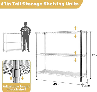 Storage Shelves Heavy Duty, 45" W x 20" D x 47" H Garage Wire Shelving Unit Loads 1200LBS, 3-Tier Adjustable Metal Industrial Utility Shelf Rack for Kitchen, Laundry Room, Pantry, Warehouse, Basement