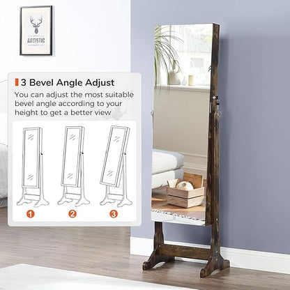 GISSAR Jewelry Organizer Full Length Mirror Jewelry Cabinet Standing/Wall Mounted Jewelry Armoire Storage with Lights Lockable, Vintage Brown