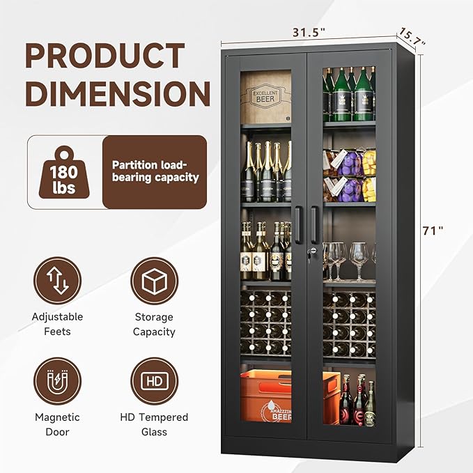Display Cabinet with Glass Doors, 71 Inches Metal Display Case with 4 Adjustable Shelves, Curio Storage Cabinet with Lock for Home, Office, Book, Pantry, Assemble Required (Black)