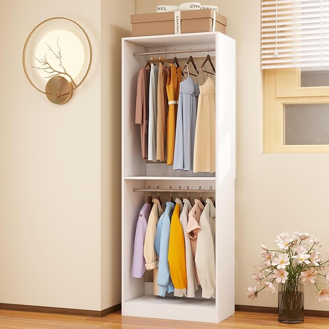 Closet System, 2FT Wood Closet Organizer System Small Walk-in Closet Standalone Corner Closets Shelf Storage with Hanging Rods, Modular Closet Systems White (2FT)