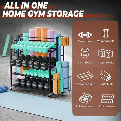Dumbbell Rack Weight Stand Only - Adjustable Weight Rack for Dumbbells, Home Gym Storage Rack for Yoga Mat Foam Roller Kettlebells, Workout Equipment Storage Organizer With Wheels